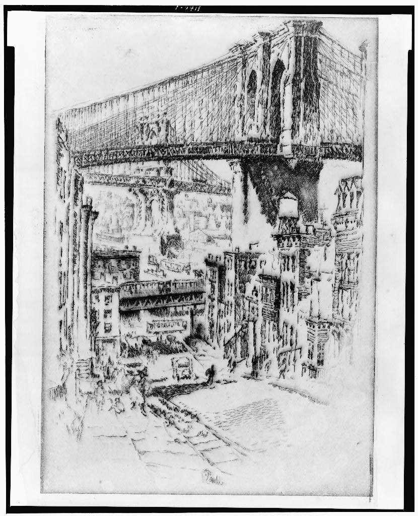 An etching of the East River bridges seen from the Brooklyn shore.