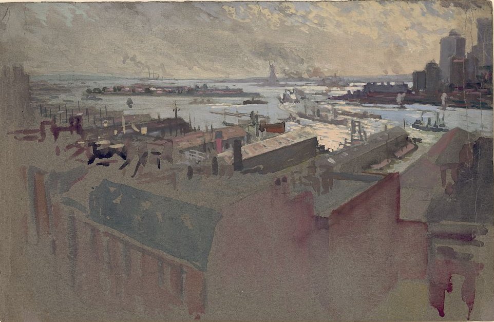 A watercolor of Brooklyn rooftops, with the docks, the East River and lower Manhattan beyond.