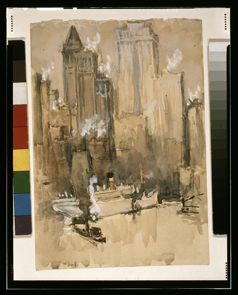 A watercolor of Manhattan seen across the harbor from a window in Brooklyn.