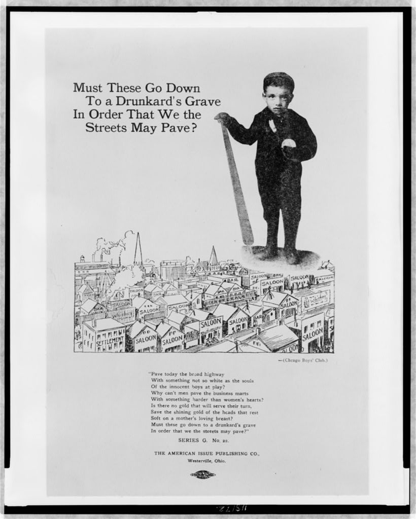 A temperance poster: a small boy with a bat and ball stands before a street of saloons, under the words “Must these go down to a drunkard’s grave?”