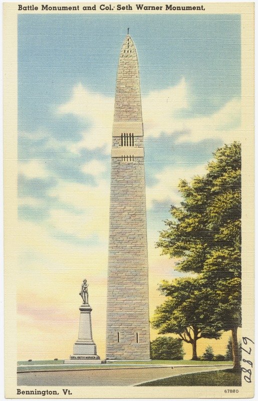 Postcard view of the Bennington Battle Monument, a tall stone obelisk, with a statue of Col. Seth Warner.