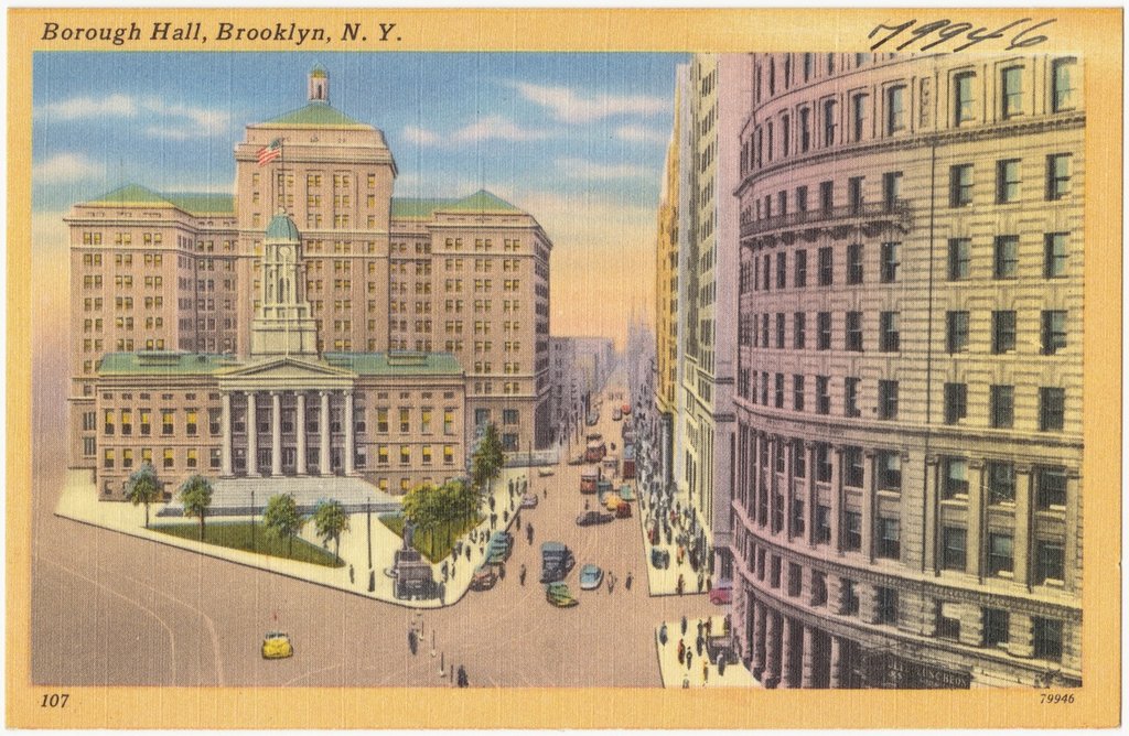 Postcard view of Brooklyn Borough Hall, a columned building with a cupola.