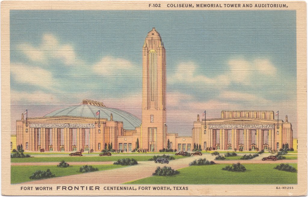 Postcard view of the Will Rogers Coliseum and Pioneer Tower in Fort Worth.
