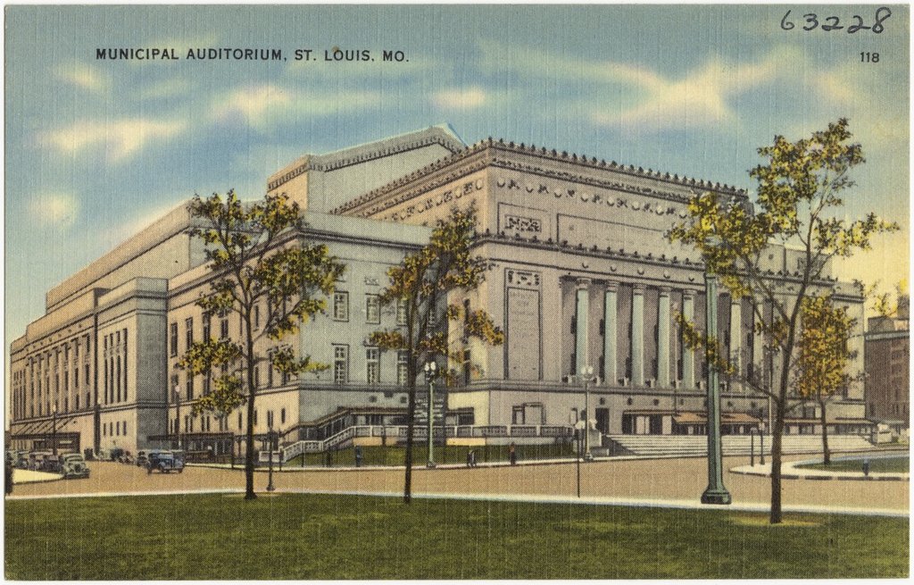 Postcard view of the Municipal Auditorium in St. Louis, a long columned building.