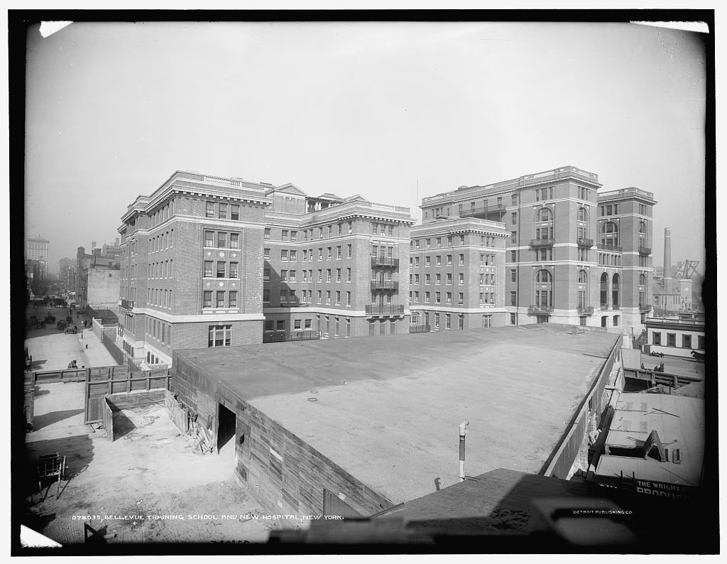 Bellevue Hospital’s training school and new hospital buildings in New York, on an old photograph.