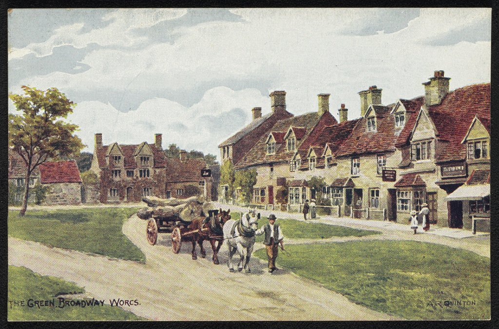A painted postcard of the green at Broadway, a village in the Cotswolds.