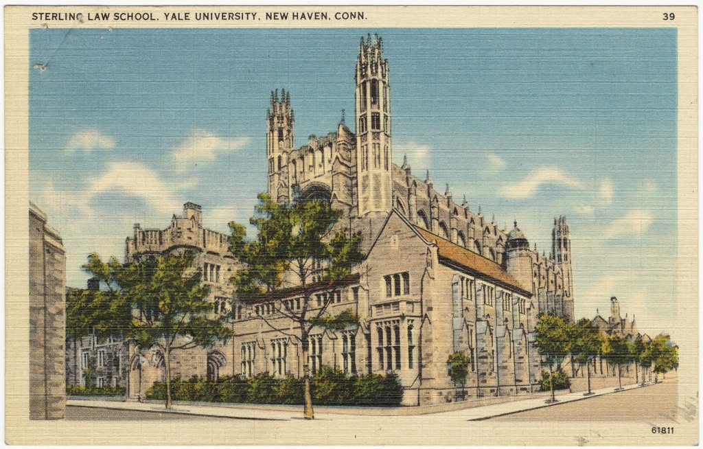 A colored postcard of the Sterling Law School at Yale University, a Gothic stone building with a tower.